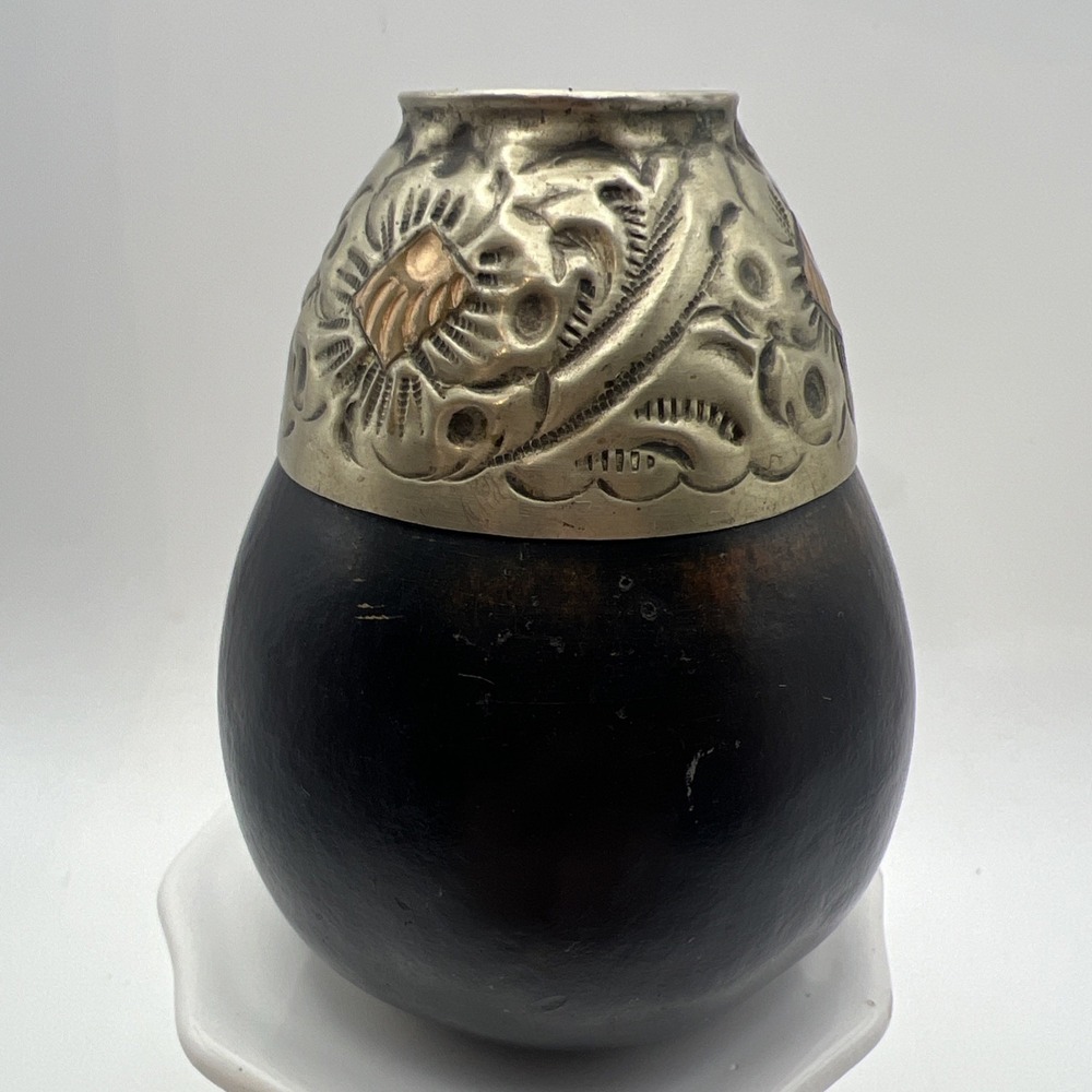 Vintage Argentine Yerba Mate Gourd Cup Stamped Alpaca Silver Floral Rim VTG